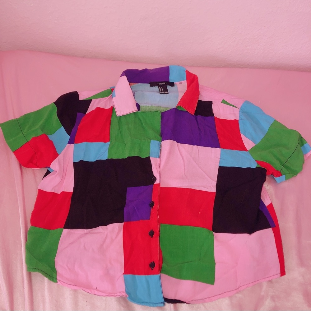Retro color block artsy button up